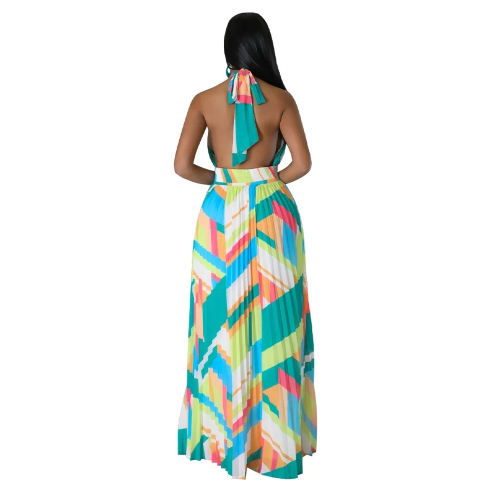 Women Halter Neck Backless Pleated Print Sleeveless Dress 2XL NEWThis Women Hal - Picture 3 of 7